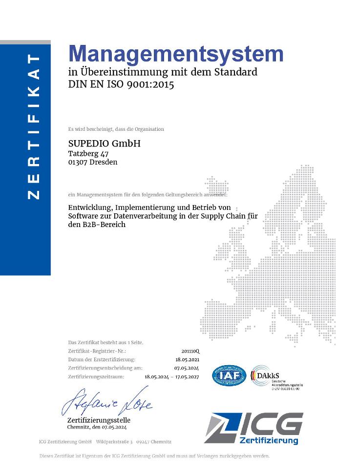 Zertifikat ISO 9001:2015 Qualitätsmanagement